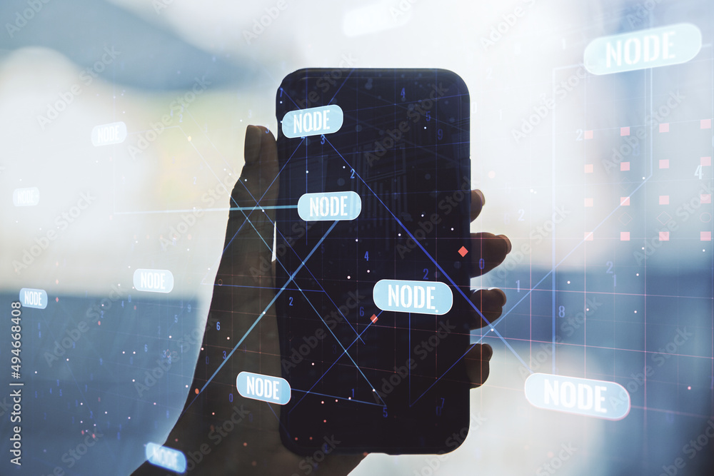Poster double exposure of abstract programming language hologram and hand with cell phone on background, re