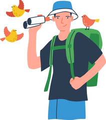 Young Birdwatcher at Ecotour Cartoon Illustration