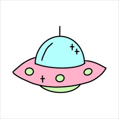 Vector Pink flying saucer in flat style. Ufo sticker in children's style.