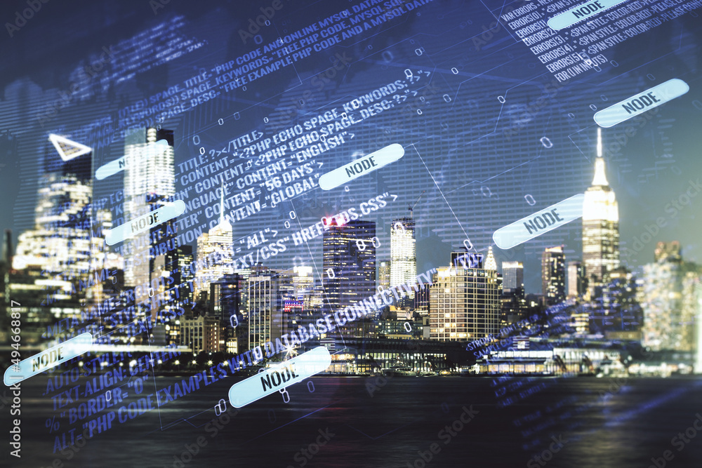 Poster abstract virtual coding concept and world map hologram on new york city skyline background. multiexp