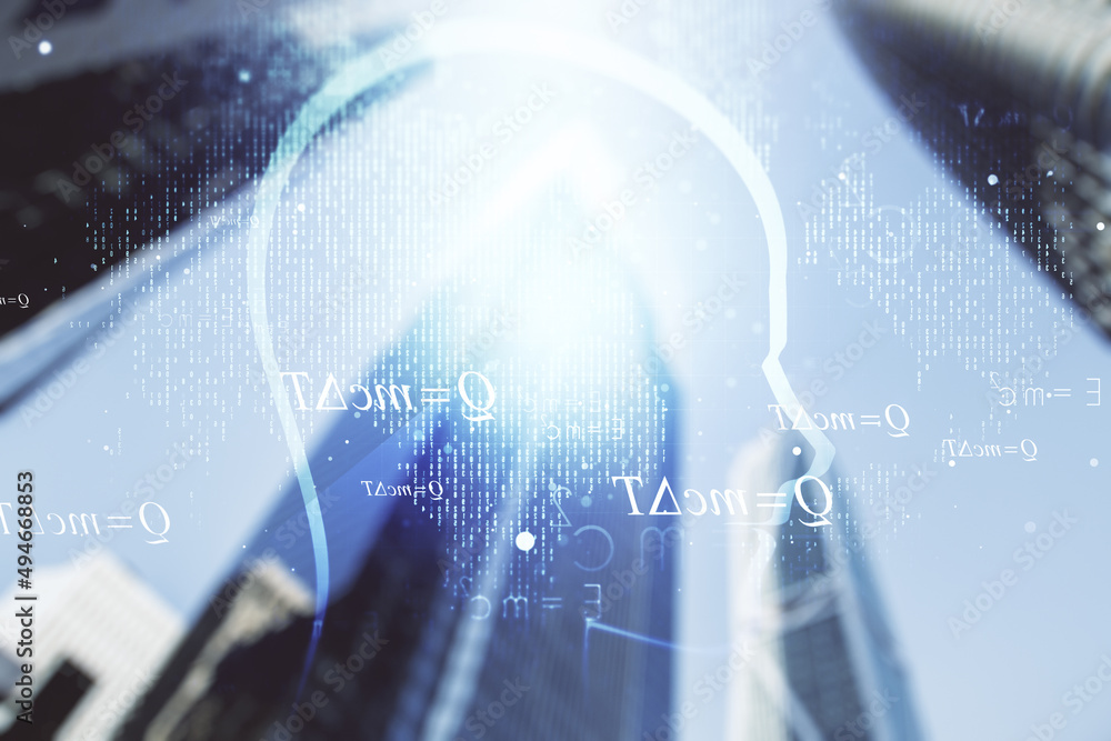 Aufkleber abstract virtual artificial intelligence interface with human head hologram on office buildings back