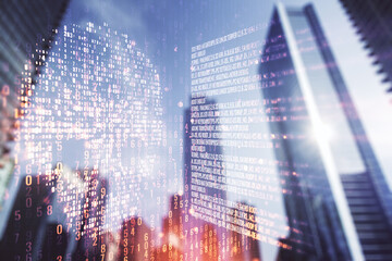Abstract virtual creative code skull hologram on blurry cityscape background, theft of personal...