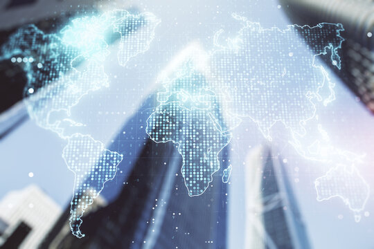 Multi exposure of abstract graphic world map on modern architecture background, big data and networking concept - Powered by Adobe