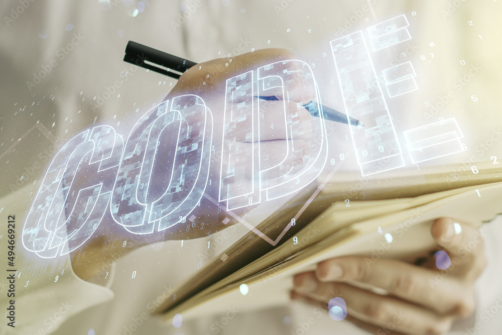 Poster creative code word hologram and man hand writing in notepad on background, artificial intelligence a