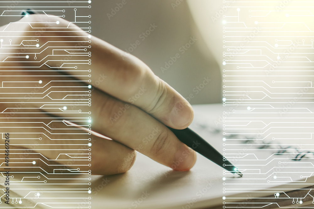 Poster Creative abstract micro circuit sketch and man hand writing in notepad on background, future technology and AI concept. Double exposure