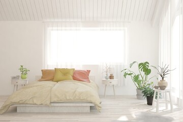 White bedroom interior. Scandinavian design. 3D illustration