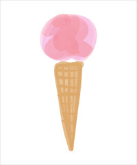 Pink watercolor hand drawn ice cream in a cone. Vector illustration.