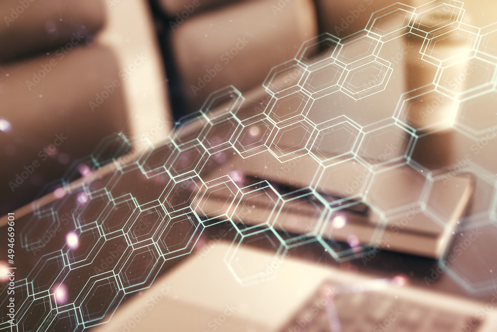 Aufkleber creative concept of wireless technology with hexagon hologram on modern laptop background. big data 