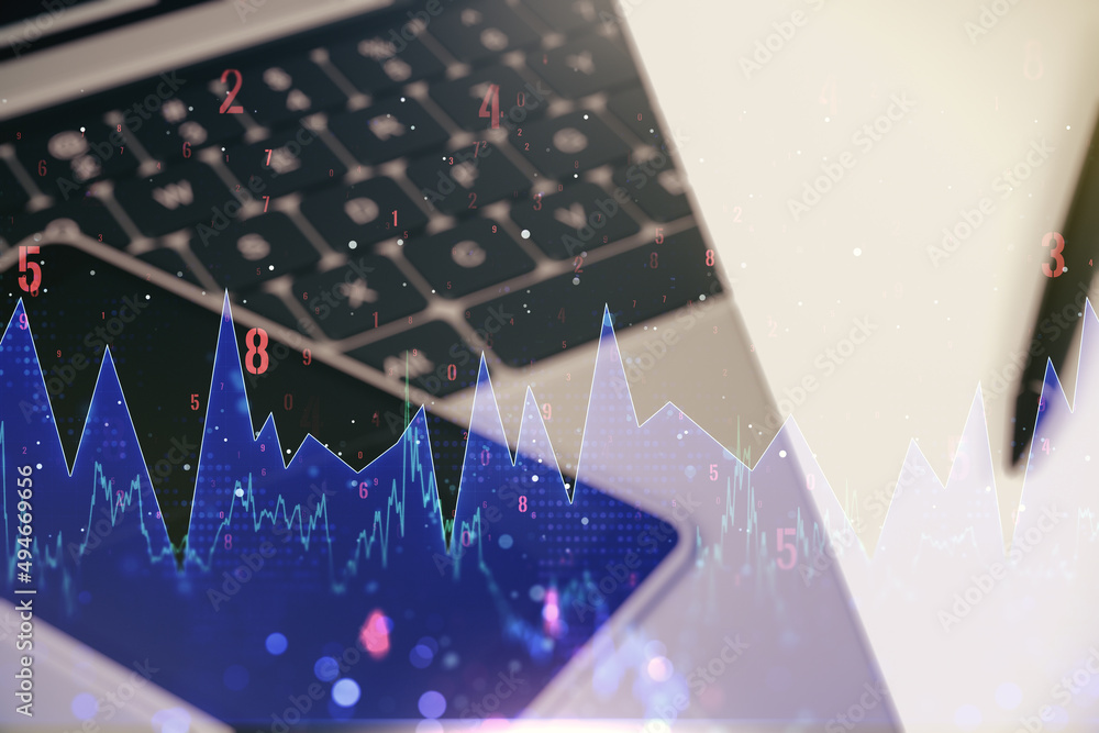 Poster multi exposure of abstract statistics data hologram interface on computer background, computing and 