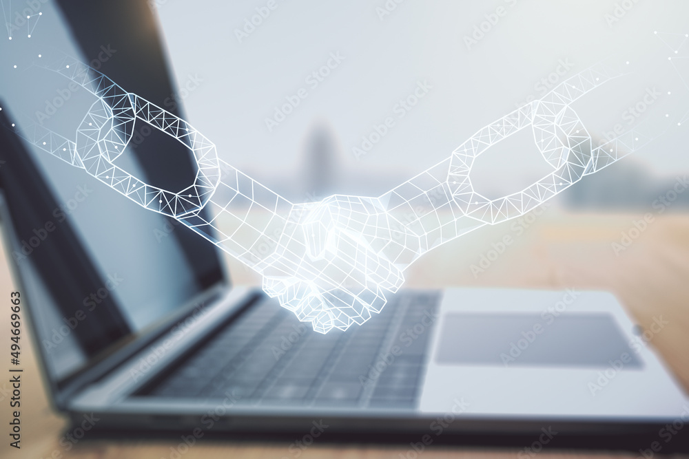 Aufkleber double exposure of blockchain technology with handshake hologram on laptop background. research and 