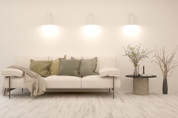 White living room with sofa. Scandinavian interior design. 3D illustration