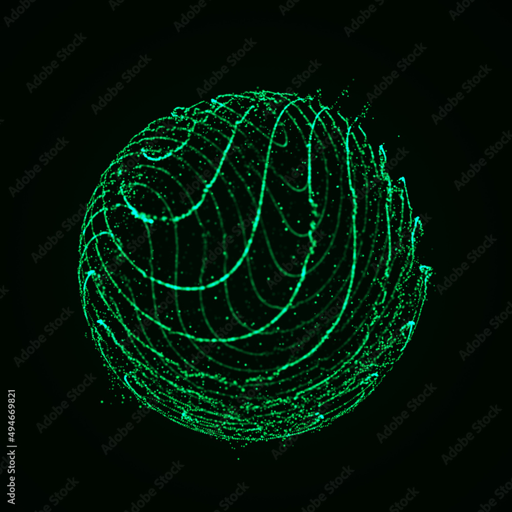 Poster sphere with curved lines of particles on a green background. twisting glowing lines. global network 