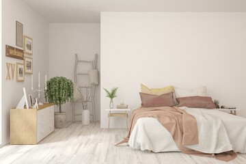 Soft color bedroom interior. Scandinavian design. 3D illustration