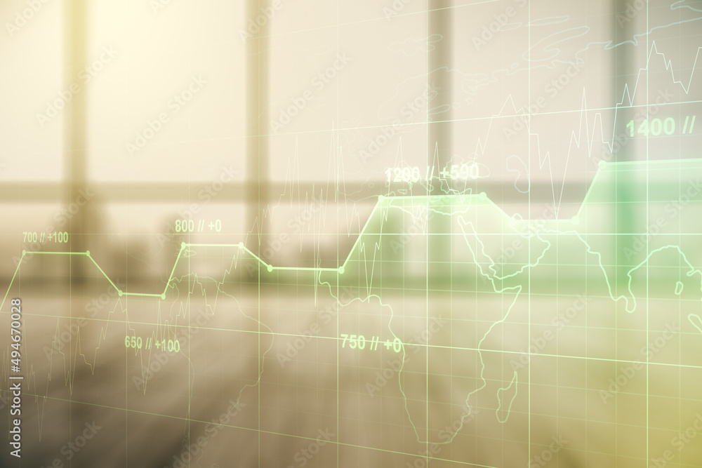 Aufkleber multi exposure of stats data illustration on empty corporate office background, computing and analyt