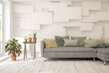 White living room with sofa. Scandinavian interior design. 3D illustration