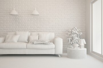 Mock up of stylish room in white color with sofa. Scandinavian interior design. 3D illustration