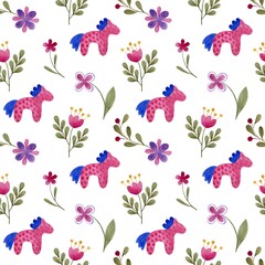 Folk style cute horses and flowers isolated on white background: seamless pattern. Hand-drawn floral doodles. Fashion fabric and wallpaper design in bright colors. Watercolor elements