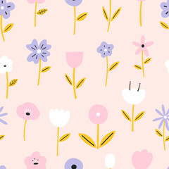 Pastel colored spring flowers seamless repeat vector pattern