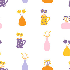 Retro colored flowers in vases and pitchers seamless repeat vector pattern