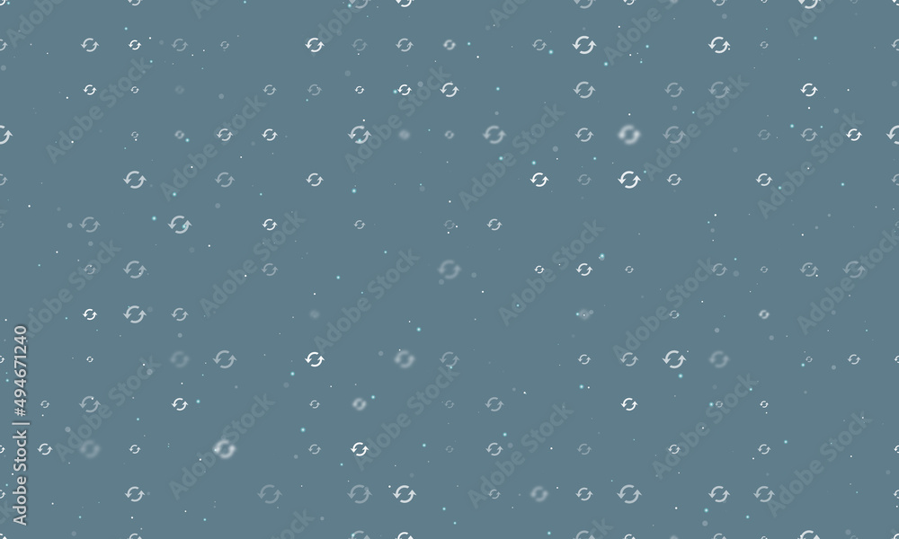 Poster seamless background pattern of evenly spaced white refresh symbols of different sizes and opacity. v