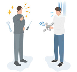 損傷したドローンを修理する男性業者と持ち主の男性