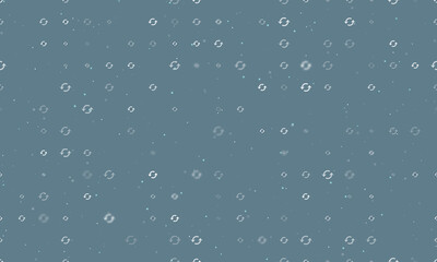Seamless background pattern of evenly spaced white refresh symbols of different sizes and opacity. Vector illustration on blue gray background with stars