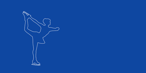A large white outline female figure skating symbol on the left. Designed as thin white lines. Vector illustration on blue background © Alexey