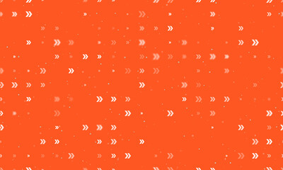 Seamless background pattern of evenly spaced white double arrow symbols of different sizes and opacity. Vector illustration on deep orange background with stars