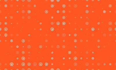 Seamless background pattern of evenly spaced white download symbols of different sizes and opacity. Vector illustration on deep orange background with stars