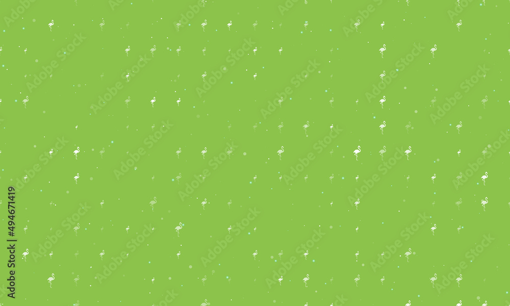 Poster seamless background pattern of evenly spaced white flamingos symbols of different sizes and opacity.