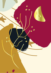 Poster, print, background, with abstract spots, flower, gold splashes, plants,  leaves, burgundy, beige color, vector.