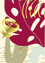 Poster, print, background, with abstract spots, flower, gold splashes, plants,  leaves, burgundy, beige color, vector.
