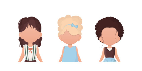 A set of cute girls is depicted waist high. Isolated on white background. Vector.