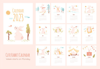 Calendar 2023 with cute bunny. Set of 12 vector minimal illustrations with symbol of the year in different season activities. Cartoon baby rabbit, nature elements in pastel colors, kids monthly print	