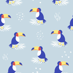 Cute toucans seamless pattern. Funny animals. Kids texture with cartoon birds. Creative vector print in Scandinavian style. Toucan on a palm branch.