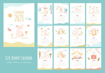 Fototapeta na wymiar Calendar 2023 with cute rabbit. Set of 12 vector minimal illustrations with symbol of the year in different season activities, nature elements. Cartoon bunny in pastel colors, kids monthly print 