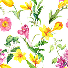 Spring flowers repeated backdrop. Floral seamless pattern. Watercolor botanical ornament with decorative blossom plants, grass