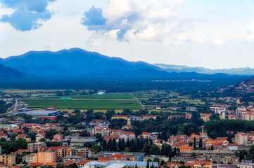 Naklejka na ściany i meble Aerial view over city of Trebinje, Bosnia and Herzegovina.