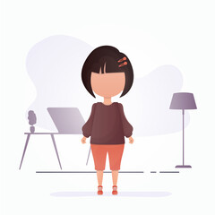 Cute girl in flat style. Poster with a teenage girl who is depicted in full growth. Vector.