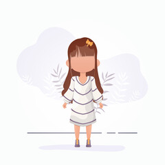 Cute baby girl in flat style. Poster with a teenage girl who is depicted in full growth. Vector illustration.
