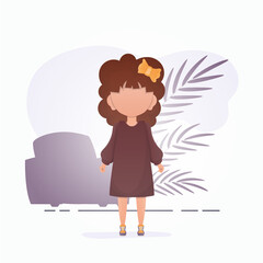 Little baby girl in cartoon style. Poster with a teenage girl who is depicted in full growth. Vector illustration.