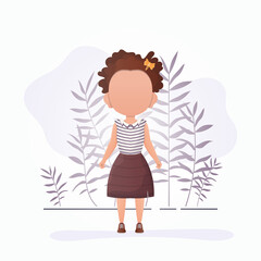 Cute girl in cartoon style. Poster with a teenage girl who is depicted in full growth. Vector.