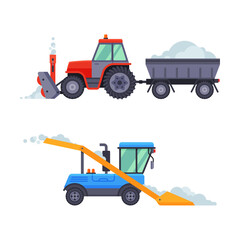 Obraz na płótnie Canvas Snowplow professional industrial transport set. Tractors for road cleaning vector illustration