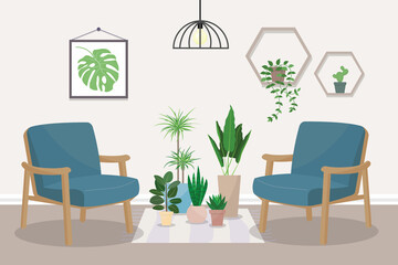 A living room with two armchairs and house plants, a rug on the floor, shelves and a poster on the wall.