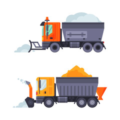 Snowplow vehicles set. Road cleaning trucks, professional industrial transport vector illustration