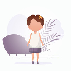 Cute girl in flat style. Poster with a teenage girl who is depicted in full growth. Vector.