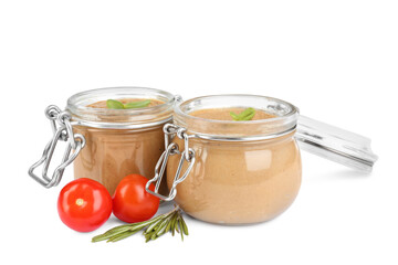 Glass jars with delicious liver pate on white background