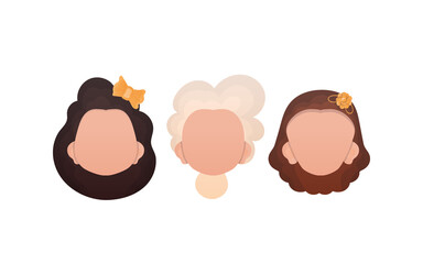Set of girls faces isolated on white background. Cartoon style. Vector.
