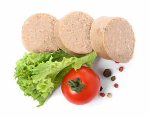 Delicious liverwurst with cherry tomato, lettuce and spices on white background, top view