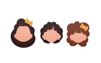 Set of girls faces isolated on white background. Cartoon style. Vector illustration.